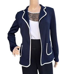 St. John 4 Navy Knit Blazer White Silk Trim Notched Lapel Jacket